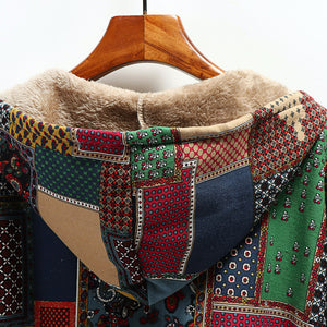 Patchwork Fleece-Lined Boho Hooded Jacket